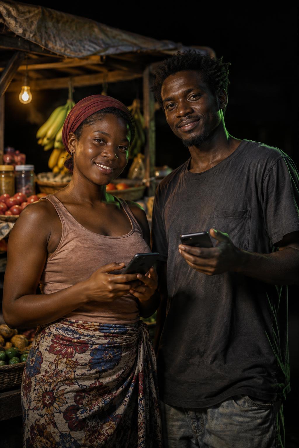 Deux jeunes marchands souriants devant leur étal avec leurs téléphones, photo illustrative